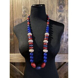 Vintage Red White And Blue Beaded Long Necklace Patriotic Chunky